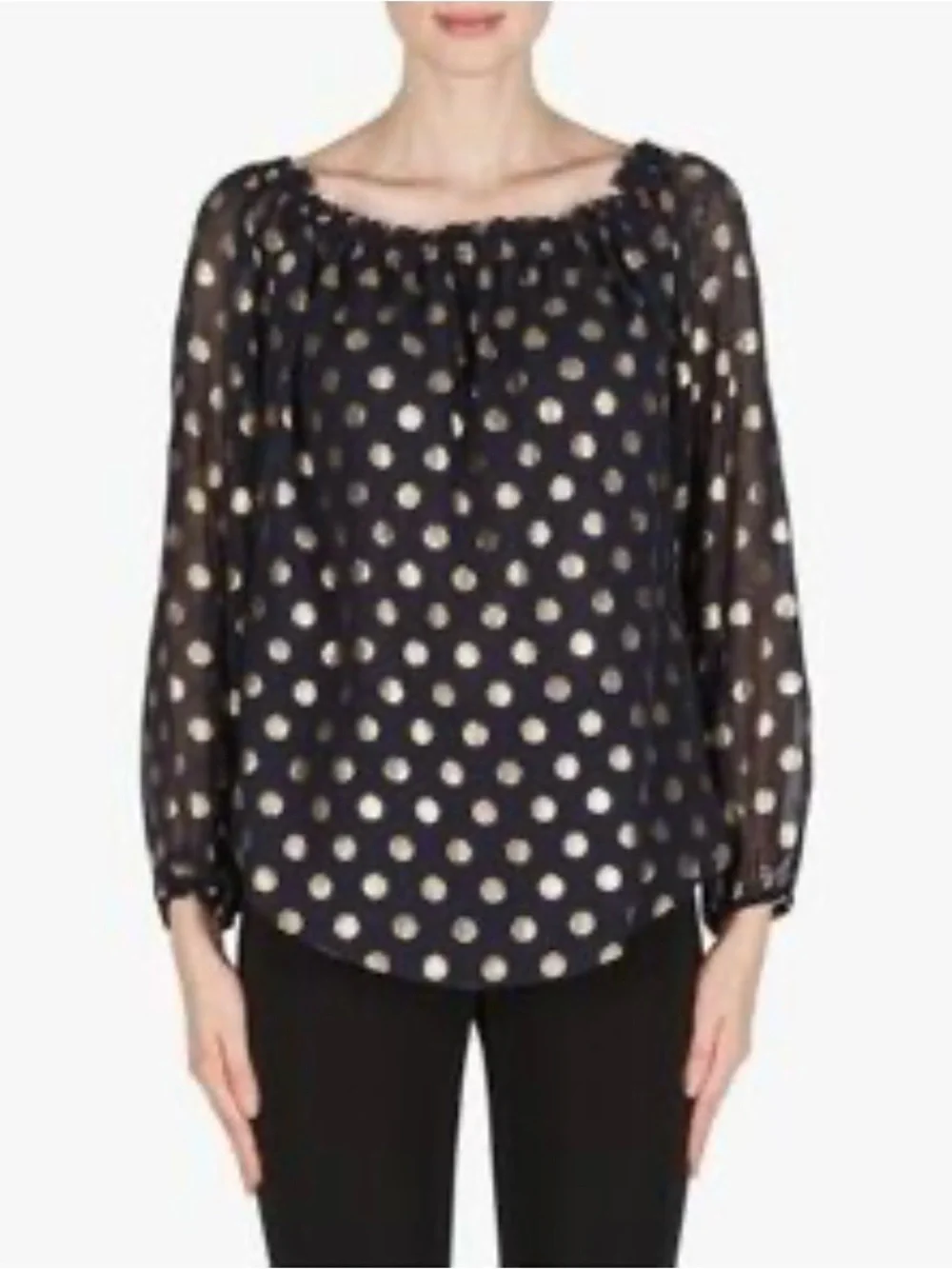 Joseph Ribkoff Navy and Gold Polka Dot Off-Shoulder Pillow Sleeve Ruffle Blouse - Picture 2 of 12